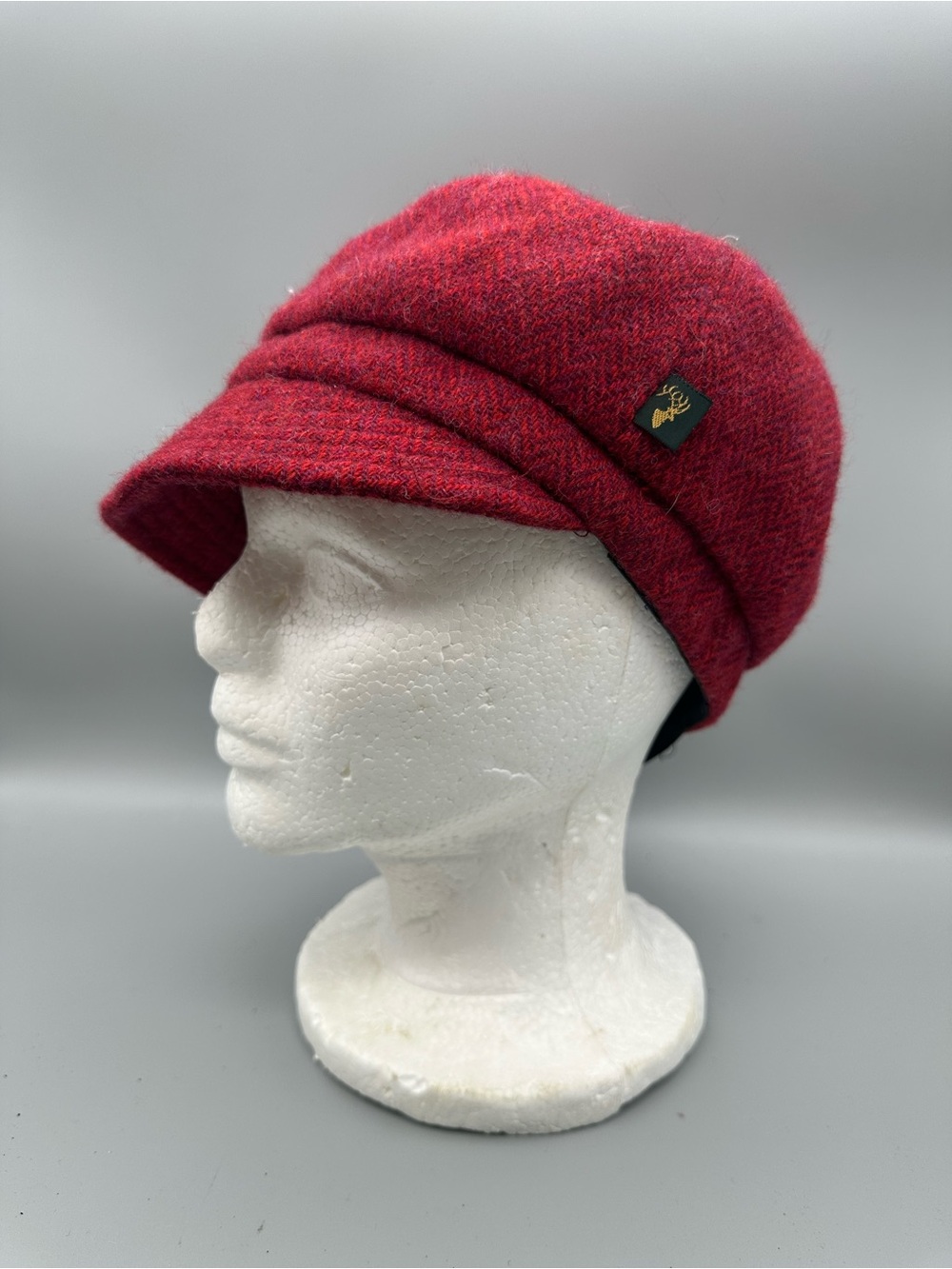 Mucros Weavers Ireland Red Herringbone Wool Newsboy Cap Hat Rosette Art 3261 M